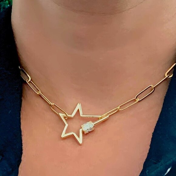 NEW! 14K Gold Plated Paperclip Chain and Zirconia Carabiner Star Choker Necklace - Picture 6 of 7